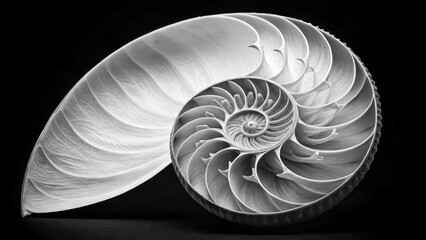 Obraz premium A macro shot of a nautilus shell cross-section showing a detailed spiral structure. The black and white image emphasizes the texture and symmetry.