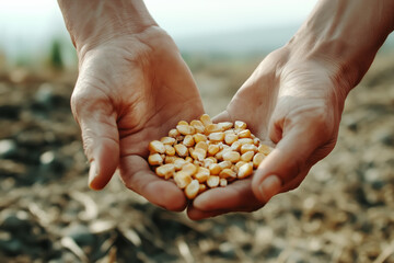 Hands holding corn kernels in natural setting