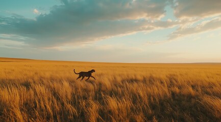 Fototapeta premium Animal Walking Through Long Grass Field at Evening, Serene Nature Scene with Golden Light