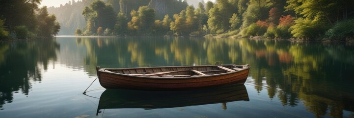 Obraz premium Old wooden rowing boat floating gently in the middle of a serene lake, calm, wooden, serenity