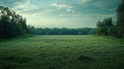 Obraz premium Serene Green Meadow Landscape at Dawn