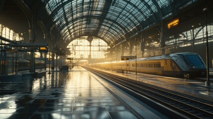 Fototapeta premium Sunrise train station platform arrival, passenger transport
