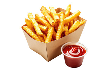 Crispy crinkle-cut french fries with ketchup in a cardboard container isolated on white or transparent, PNG