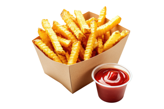 Crispy crinkle-cut french fries with ketchup in a cardboard container isolated on white or transparent, PNG