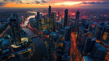 Fototapeta premium Cityscape sunset aerial view, river, traffic, skyscrapers, vibrant, night