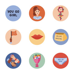 Lovely cartoon round highlight icon with feminist and Girl Power clipart for different social media, blogs, business, branding. Cover stories icons with women portrait, gender symbol in warm colors.