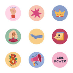 Lovely cartoon round highlight icon with women empowerment clipart for different social media, blogs, business, branding. Cover stories icons with lady portrait, crown, feminism symbol in warm colors