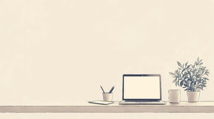 Home office setup with laptop and plants modern workspace minimalist design indoor perspective