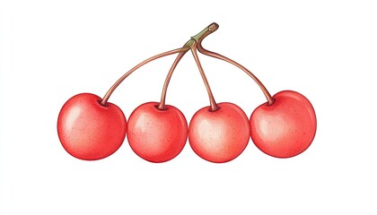 A vibrant illustration of five cherries connected by stems, set against a clean white background, ideal for food-related designs