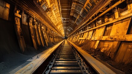 Obraz premium Underground mine railway tunnel, ore transport, industrial background, mining operation