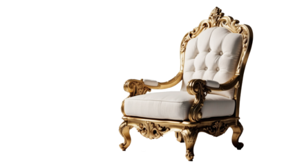 Antique armchair with wood and leather upholstery, vintage design, classic style, isolated on alpha channel