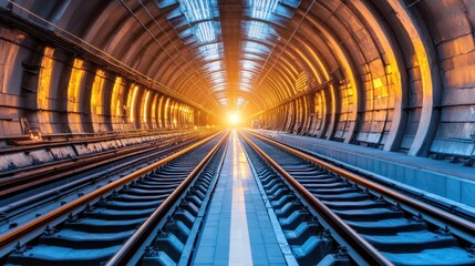 Naklejka premium Train tunnel exit, sunlight, railway, urban transport, infrastructure, engineering, architecture, travel, hope, future
