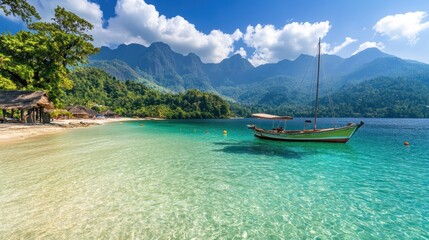 Tropical beach boat calm water mountain background vacation