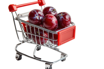 A miniature shopping cart filled with fresh, ripe plums ready for a lively market day in a vibrant kitchen setting isolated on transparent background