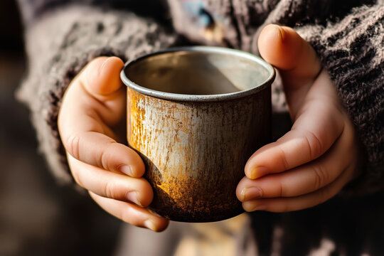Child holding empty rusty metal cup, poverty and hunger concept