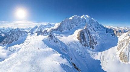 Aerial view  Snowy mountain range, climber ascends, sunny day, glacier background, adventure tourism