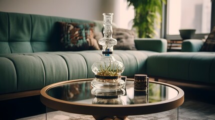 Elegant Glass Bong Placed on Stylish Minimalist Coffee Table in Contemporary Interior Design Composition