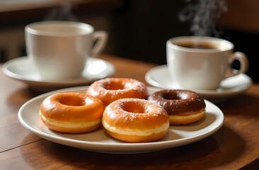 Glazed frosted sprinkled donuts on a white plat in a cozy bakery with blured coffee on background