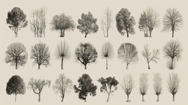 Detailed botanical illustration of trees, leaves, cones, and twigs on a white background