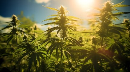 Lush vibrant cannabis plant bathed in warm natural sunlight creating a serene calming and therapeutic atmosphere  The plant s verdant foliage and rich organic appearance evoke a sense of wellness