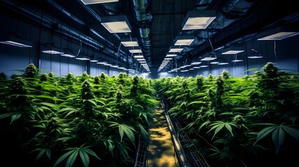 Professionally Operated Indoor Cannabis Cultivation Greenhouse Facility with Rows of Thriving Green Leafy Plants Under Optimal Lighting Conditions for Commercial Production