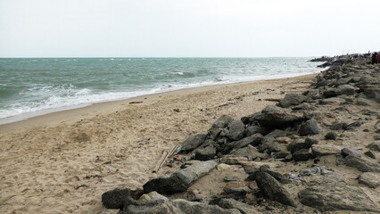 The rocky beach of Dhanushkodi, Rameswaram, Tamil Nadu, India