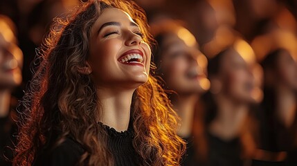 Radiant Joy: A Woman's Uplifting Laugh Surrounded by a Crowd of Happy Faces