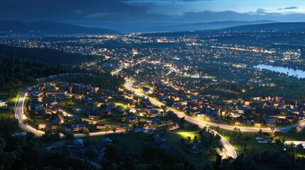 Naklejka premium Night aerial view Winding road, upscale homes, city lights, forest, real estate marketing
