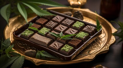 Fototapeta premium Beautifully presented cannabis infused artisanal chocolates arranged in a modern minimalist style on a sleek serving tray showcasing the premium and luxurious nature of this gourmet treat
