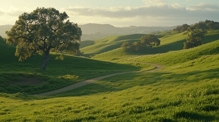 Obraz premium Sunset path winding through green hills, lone tree, pastoral landscape, travel brochure