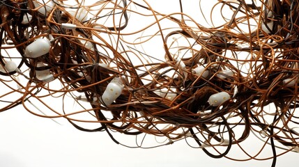 A complex and chaotic tangle of various electrical wires cords and cables intertwined in an abstract pattern against a stark white background  The jumbled wiring creates an intricate technical