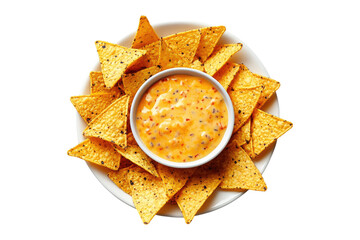 Crispy nachos with melted cheese dip in a white bowl isolated on white or transparent, PNG