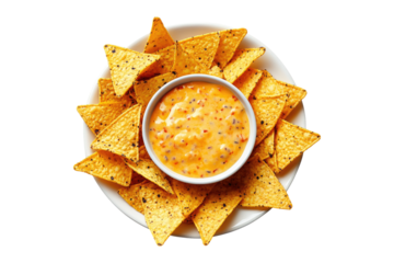 Crispy nachos with melted cheese dip in a white bowl isolated on white or transparent, PNG