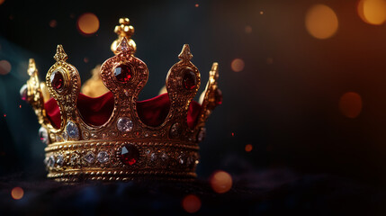 Fototapeta premium A majestic King's Crown, adorned with intricate gold details and shimmering gemstones, symbolizing power and royalty.