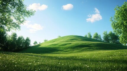 Fototapeta premium Sunny day, green hill, meadow, forest, idyllic landscape, nature background, website banner