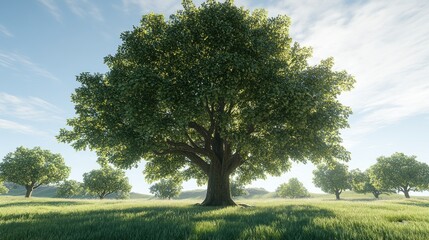 Majestic oak tree in sunlit meadow, rolling hills background, nature scene