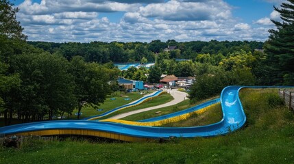Hilltop water park slides, summer fun, scenic view