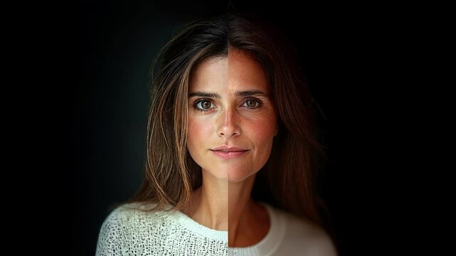 Split screen loopable footage of young women morphing into older and vice versa. Concept of rejuvenation and longevity
