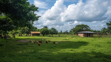 Chickens graze pasture, rural huts, sunny day, tropical background, farming