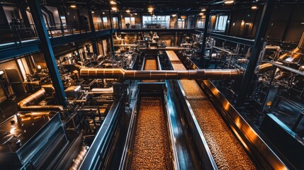 Industrial coffee bean processing plant, overhead view, conveyors, roasting