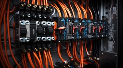 Detailed Close up View of the Complex Electrical Circuitry and Components Inside a Power Distribution Panel or Breaker Box Showcasing the Engineering and Technology Behind Electrical Infrastructure