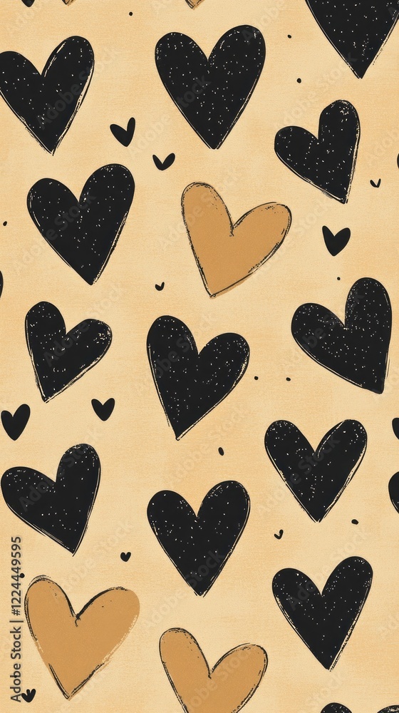 Poster a delightful assortment of hand-drawn hearts in black showcases an artistic design on a warm beige b