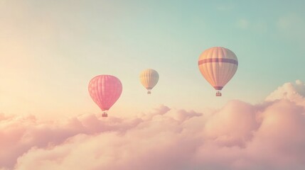 Fototapeta premium Hot air balloons soar above pastel clouds at sunrise; travel, adventure concept