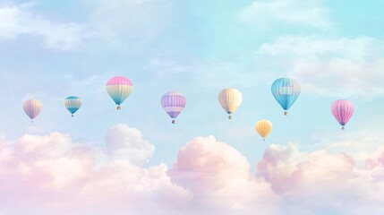 Naklejka premium Pastel hot air balloons soar above fluffy cloudscape, serene sky background, ideal for travel posters