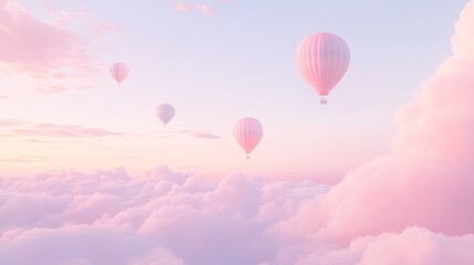Obraz premium Pink hot air balloons soar above pastel cloudscape at sunrise; dreamy travel poster