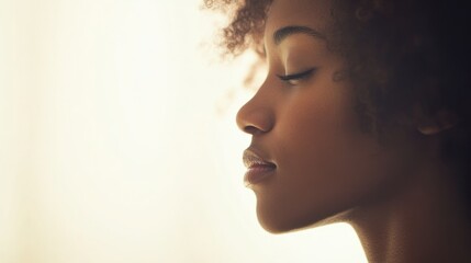 Fototapeta premium Serene woman, profile, indoor, soft light, peaceful background, beauty