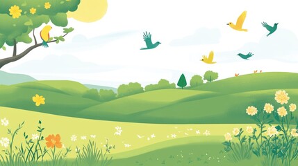 Obraz premium Birds fly over spring hills; sunny meadow, floral foreground; idyllic nature scene, website banner