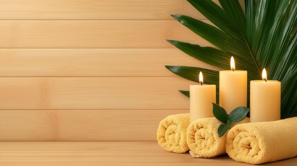 A luxurious spa setup with candles, rolled towels, and a bowl of fresh orchids on a wooden surface. High Quality
