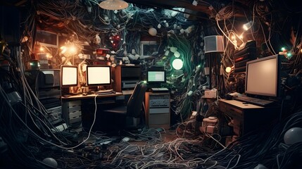 Intricate Tangle of Cables and Wires in a Residential Technology Setup  Chaotic and Disorganized Electrical Equipment and Connections