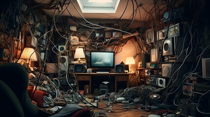 Intricate Mesh of Interconnected Cables and Wires in a Cluttered Residential Technology or Home Office Setup